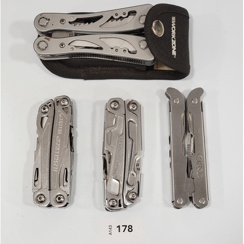 TWO LEATHERMAN MULTI TOOLS
comprising Sidekick and Rev Leathermans; and a DSL and Workzone multitool 
Note: You must be over the age of 18 to bid on this lot.
