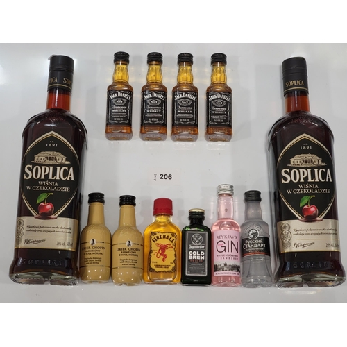 TWO BOTTLES OF SOPLICA CHERRY IN CHOCOLATE VODKA LIQUEUR AND TEN MINATURES
comprising: two SOPLICA CHERRY IN CHOCOLATE VODKA LIQUEUR (500ml/ 25% abv); and ten MINATURES comprising four Jack Daniels, two Liker Chopin vodka salted caramel, one Fireball, one Reykjavik pink gin, one Jägermeister cold brew coffee and one Russian Standard Vodka (50ml each bar Jager at 20ml) .  
Note: You must be over 18 Years of Age to bid on this lot.