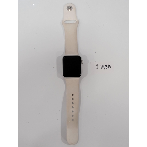 APPLE WATCH SERIES 3
38mm case; model A1858; S/N GJ9ZLLUWJ6WY; Apple Account Locked. 
Note: It is the buyer's responsibility to make all necessary checks prior to bidding to establish if the device is blacklisted/ blocked/ reported lost. Any checks made by Mulberry Bank Auctions will be detailed in the description. Please Note - No refunds will be given if a unit is sold and is subsequently discovered to be blacklisted or blocked etc.