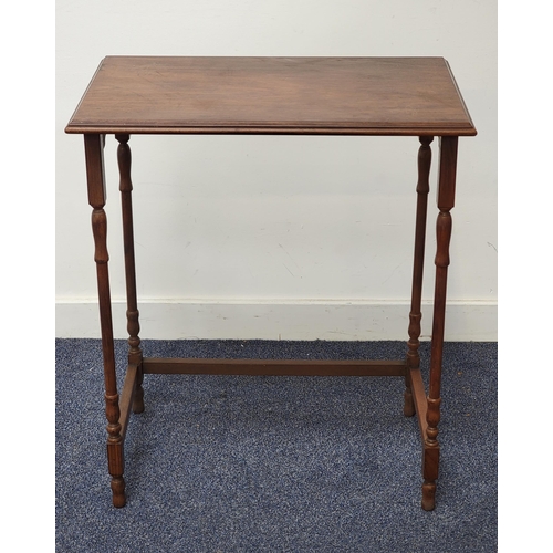 444 - TEAK OCCASIONAL TABLE
with a rectangular moulded top on turned supports, 71cm x 61cm x 37.5cm