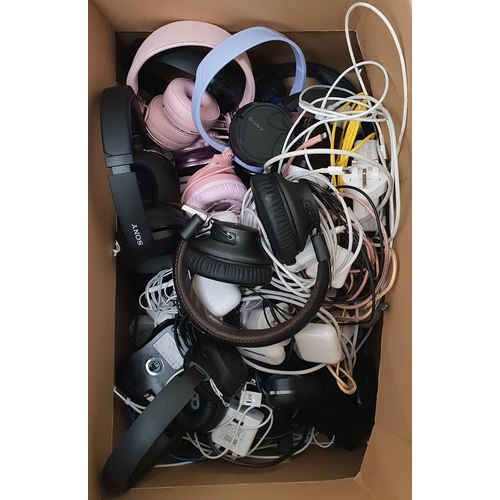 ONE BOX OF HEADPHONES, CABLES AND CHARGERS
the headphone including on ear, in ear and earbuds, brands include Sony