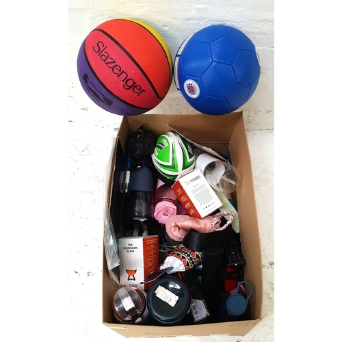 ONE BOX OF MISCELLANEOUS ITEMS
including a basketball and a football, water bottles, whisky glasses, souvenirs, electric corkscrew, and stationery