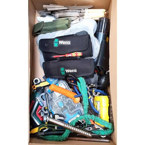 ONE BOX OF MISCELLANEOUS ITEMS
including loose tools, Bosch electric screwdriver, Wera screwdriver sets, loose dinner knives and a electric corkscrew, etc.