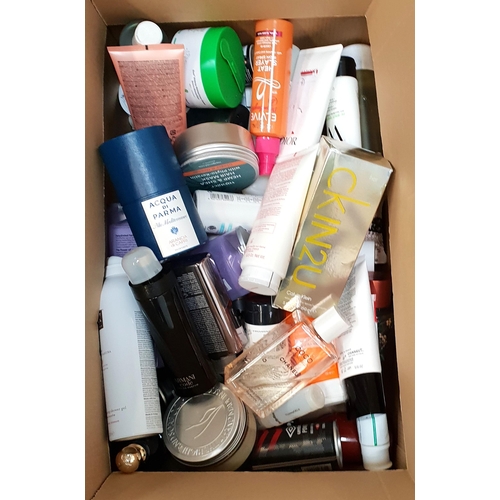 ONE BOX OF COSMETIC AND TOILETRY ITEMS
including Acqua di Parma, Calvin Klein, Rituals, Clarins, Chanel, and Armani