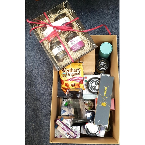 ONE BOX OF NEW ITEMS
including an electric corkscrew wine set, snow globes, glitter lamp, jams, diffuser, honey and a Neals Yard balm
