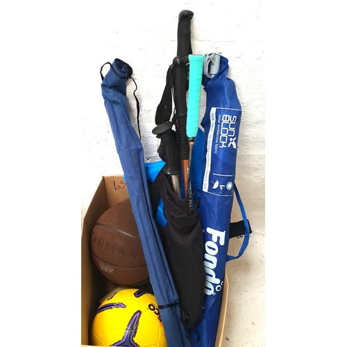 ONE BOX OF SPORTING AND LEISURE ITEMS
including hiking poles, parasol, badminton racket, fishing rod, basketball, football, swim fin, and a recorder