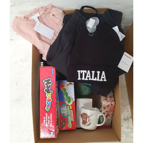 ONE BOX OF NEW ITEMS
including souvenirs, paint brushes, M&S toiletry set, Scented candle, Highland Cow mug, games, Little White Company dress (size 2-3 years), Nike socks, and a pair of Nike jogging bottoms (size L)