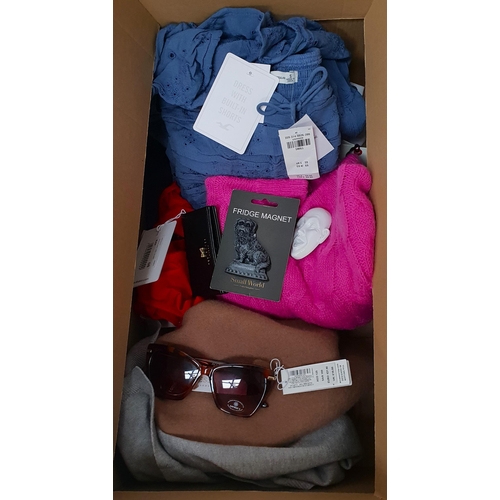 ONE BOX OF NEW ITEMS
including Accessorize items - sandals (size 6), sunglasses, wool beret, poncho; ladies Ted Baker pink sweater (size 0), and a Ted Baker Wallet; Victoria's Secret red bra and knicker set (size L), Holister items - body suit, white top and a dress (all size S)