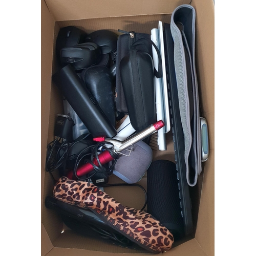 ONE BOX OF ELECTRICAL ITEMS
including a Boots EM 38 Electronic Stimulation Unit, computer mics, speakers, electric toothbrushes, keyboards, razer, pair of tongs and a pair of GHD straighteners