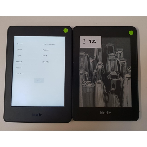 TWO AMAZON KINDLE PAPERWHITE E-READERS 
comprising a paperwhite 4, serial number G000 PP12 9473 0AU1; and a Paperwhite 3, serial number G090 G105 7065 00MH (2)
Note: It is the buyer's responsibility to make all necessary checks prior to bidding to establish if the device is blacklisted/ blocked/ reported lost. Any checks made by Mulberry Bank Auctions will be detailed in the description. Please Note - No refunds will be given if a unit is sold and is subsequently discovered to be blacklisted or blocked etc.