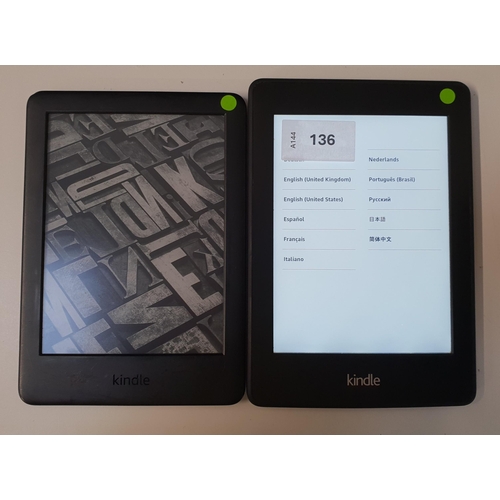 TWO AMAZON KINDLE E-READERS 
comprising a Paperwhite 2, serial number 9017 2201 4522 06V2; and a Basic 3, serial number G090 VB06 2242 0162 (2)
Note: It is the buyer's responsibility to make all necessary checks prior to bidding to establish if the device is blacklisted/ blocked/ reported lost. Any checks made by Mulberry Bank Auctions will be detailed in the description. Please Note - No refunds will be given if a unit is sold and is subsequently discovered to be blacklisted or blocked etc.