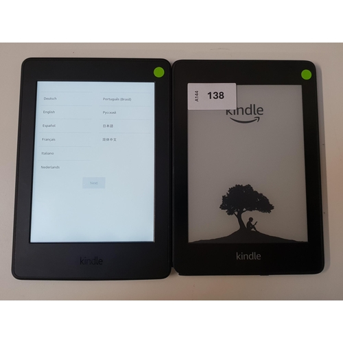 TWO AMAZON KINDLE E-READERS 
comprising a Paperwhite 4, serial number G000 PP11 9027 0LDJ (damaged to bottom left corner); and a Paperwhite 3, serial number G090 G105 5425 0CPG (2)
Note: It is the buyer's responsibility to make all necessary checks prior to bidding to establish if the device is blacklisted/ blocked/ reported lost. Any checks made by Mulberry Bank Auctions will be detailed in the description. Please Note - No refunds will be given if a unit is sold and is subsequently discovered to be blacklisted or blocked etc.
