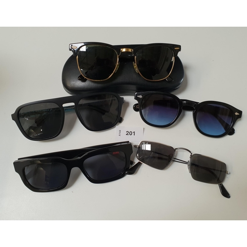 FIVE PAIRS OF DESIGNER SUNGLASSES
comprising 2x Ray-Ban, Hugo Boss, Moscot Lemtosh, and James O'Brien Stay Psyched Blenders
