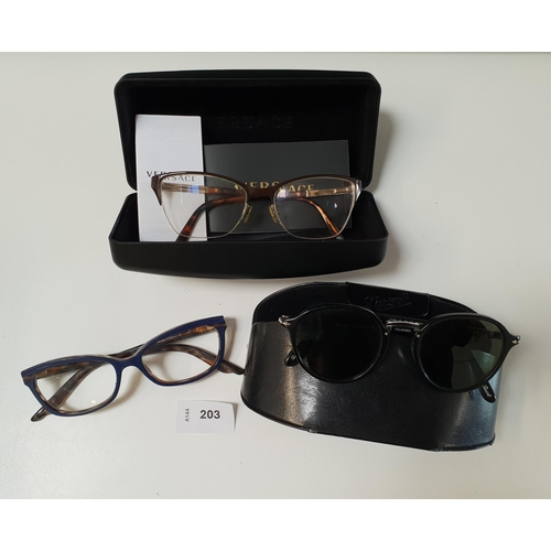 TWO PAIRS OF DESIGNER GLASSES AND ONE PAIR OF DESIGNER SUNGLASSES WITH PRESCRITION LENSES
the glasses comprising Versace (with case) and Dior; the sunglasses by Persol (with case)