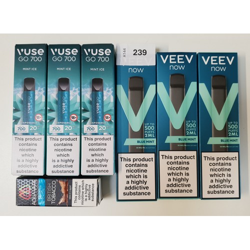 SIX DISPOSABLE VAPES
comprising 3x Vuse GO700 Mint Ice; and 3x Veev now 2ml Blue Mint; together with an Aquavape British Tobacco 10ml E Liquid
Note: You must be over 18 Years of Age to bid on this lot.