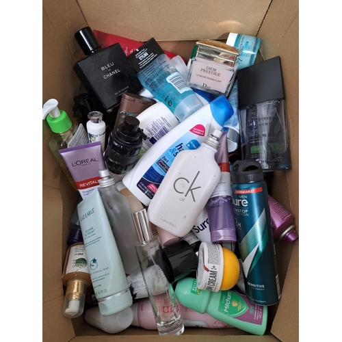 21 - ONE BOX OF TOILETRIES AND COSMETICS 
including Calvin Klein, Issey Miyake, Victor and Rolf, Chanel, ... 