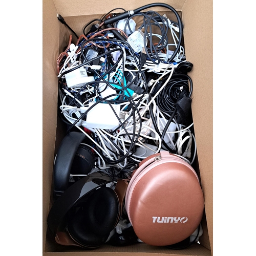 7 - ONE BOX OF CABLES, PLUGS, CHARGERS AND HEADPHONES
including in ear, on ear, branded and unbranded