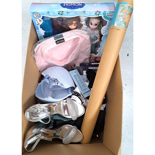 9 - ONE BOX OF NEW ITEMS
including clothing, poster, dolls and ladies silver sandals (size3)