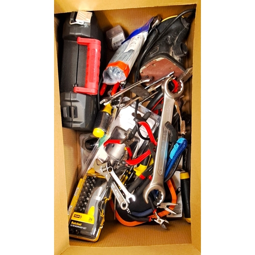 74 - ONE BOX OF TOOLS 
including Parkside electric screwdriver, electric sander, ratchets, screwdriver se... 