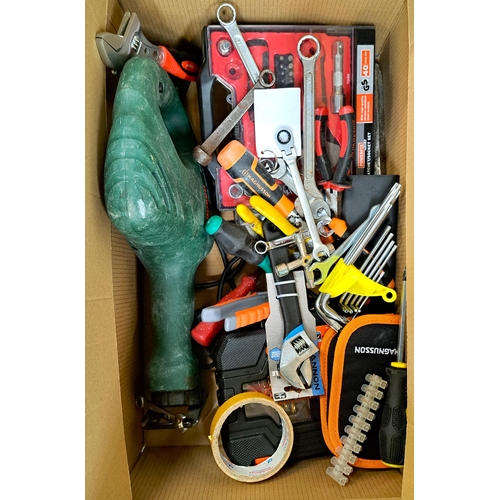 79 - ONE BOX OF TOOLS 
including Bosch Reciprocating Saw, ratchet sets, screwdrivers, bits, spanners, etc... 