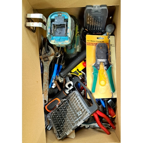 80 - ONE BOX OF TOOLS 
including Makita driver, selection of sockets, spanners, screwdrivers, ratchet set... 