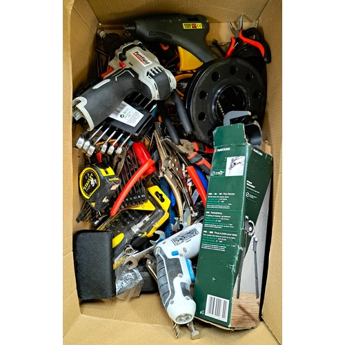 83 - ONE BOX OF TOOLS 
including impact drivers, glue gun, ratchet sets, screwdrivers, pliers, pipe bende... 