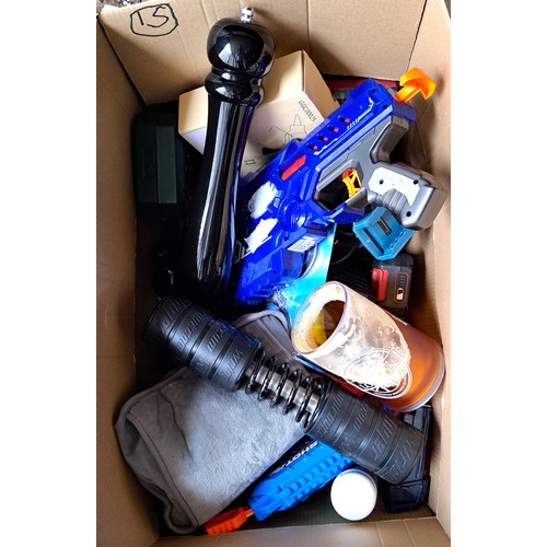 15 - ONE BOX OF NEW ITEMS
including giant pepper grinder, toy gun, tool sets, loose tools, Erbauer drill ... 