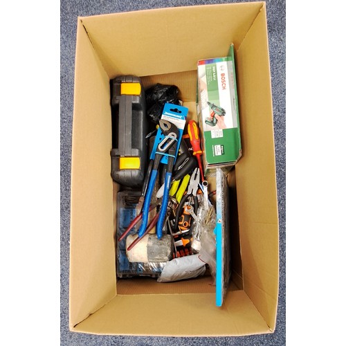 75 - ONE BOX OF TOOLS 
including Macallister electric screwdriver, Bosch glue gun, cutting blades, screwd... 