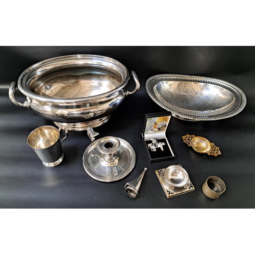 127 - MIXED LOT OF SILVER PLATE
including a large and heavy oval tureen with side handles, an oval pierced... 