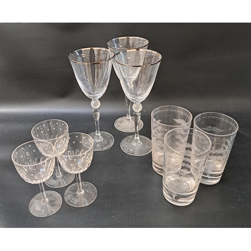 181 - MIXED LOT OF GLASSWARE
comprising fifteen wines with silver highlights, eight etched beakers, two et... 