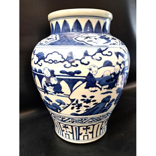 190 - CHINESE BLUE AND WHITE BOYS JAR
decorated with with panels of boys and birds, 30cm high