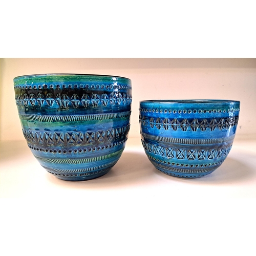 205 - TWO BITOSSI 'RIMINI BLU' PLANTERS
in rich blue and green glaze with geometric design, stamped to bas... 