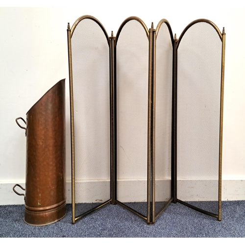 242 - FOUR FOLD SPARK GUARD
with arched panels, 70cm high, and a hammered copper coal scuttle, 49cm high (... 