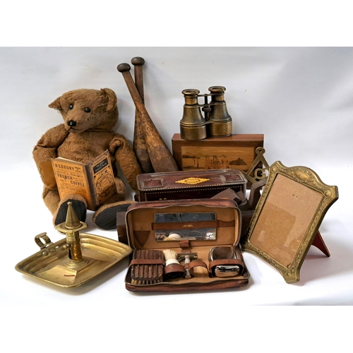 276 - INTERESTING SELECTION OF COLLECTABLE ITEMS
including a pair of brass bound binoculars, a brass chamb... 