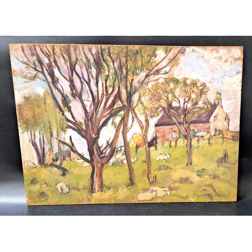 422 - MARGARET HISLOP
Hyndford Wells, near West Linton, oil on board, signed and inscribed to verso, 30cm ... 