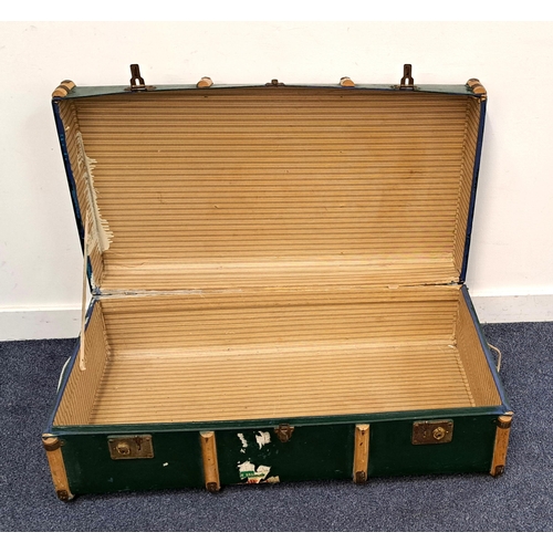 286 - VINTAGE WOODEN BOUND GREEN TRAVEL TRUNK 
31cm high x 91cm wide x 51cm deep