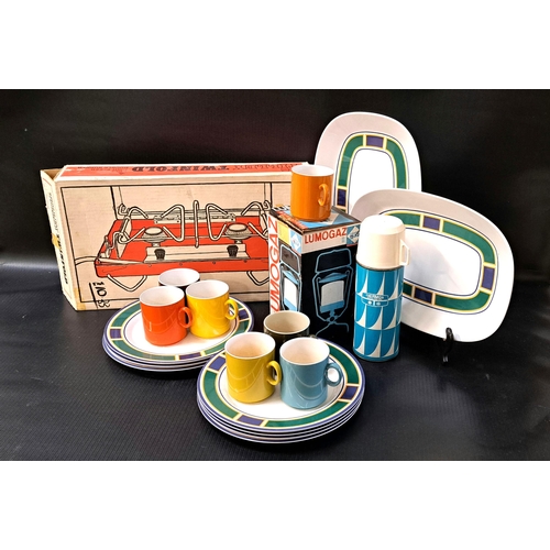 300 - SELECTION OF VINTAGE PICTIC AND CAMPING ITEMS
comprising an orange, brown and cream cool box; a sele... 