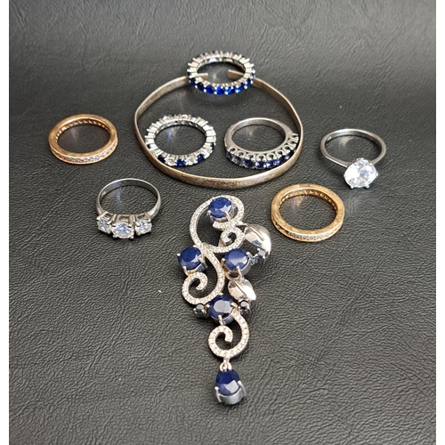 113 - SMALL SELECTION OF SILVER JEWELLERY
including seven rings, a couple set with sapphires, a sapphire a... 