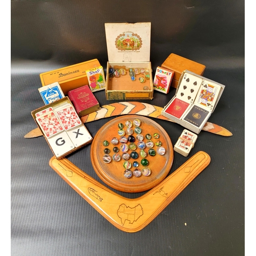 357 - SELECTION OF VINTAGE GAMES 
consisting of marbles, some with swirls in old cigar box, box of dominos... 