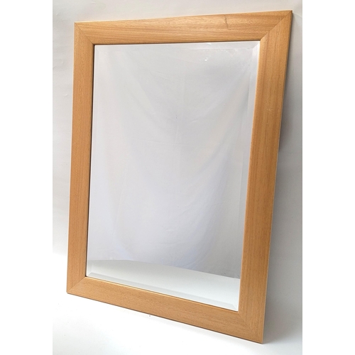 498 - BEECH FRAMED RECTANGULAR WALL MIRROR
with a bevelled plate, 63.5cm x 89cm