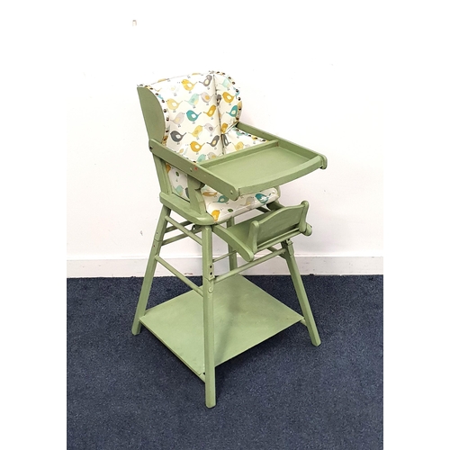 485 - MATAMORPHIC CHILD'S HIGH CHAIR
overpainted in a chalk green paint and with a new vinyl covered seat