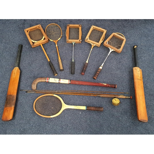 345 - SELECTION OF VINTAGE SPORTING EQUIPMENT
comprising two cricket bats, one Gunn & Moore; one tennis ra... 