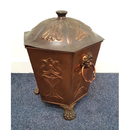 503 - COPPER ART NOUVEAU HEXAGONAL COAL BUCKET
on lions paw feet, 42cm high