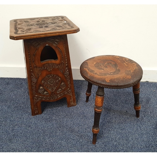 525 - POKERWORK CRICKET STOOL
the circular seat with dragon decoration, raised on three turned supports; t... 