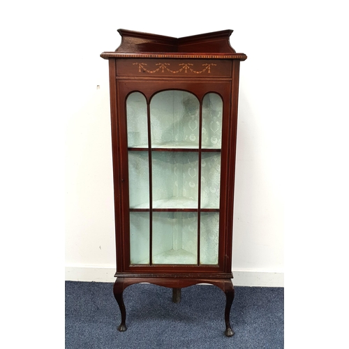 537 - EDWARDIAN INLAID MAHOGANY CORNER CABINET
with glazed door and raised on cabriole supports, 131cm hig... 