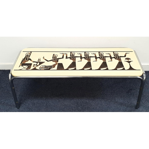 557 - MID CENTURY RETRO COFFE TABLE
the embossed vinyl top depicting stylised Egyptian figures on a cream ... 