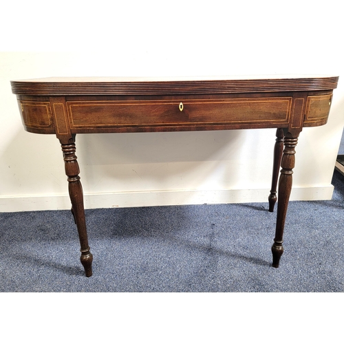 489 - GEORGE III MAHOGANY TEA TABLE
with a reeded edge D shaped fold over top and fold out rear legs, with... 