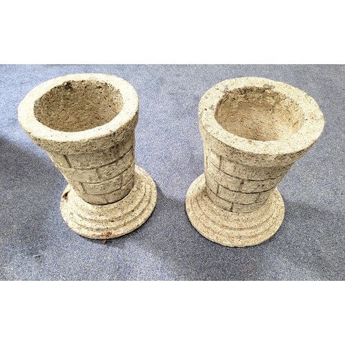 559 - PAIR OF VINTAGE CIRCULAR CEMENT PLANTERS ON STEPPED STANDS
with brick effect decoration, 40cm high