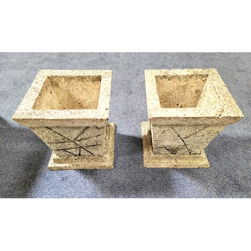 560 - PAIR OF VINTAGE SQUARE CEMENT PLANTERS ON STEPPED STANDS
with crazy paving effect decoration, 35cm h... 