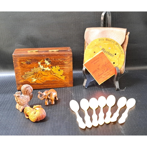 235 - MIXED LOT OF COLLECTABLES
comprising an Indian teak inlaid box, seven shaped bone spoons, carved ele... 